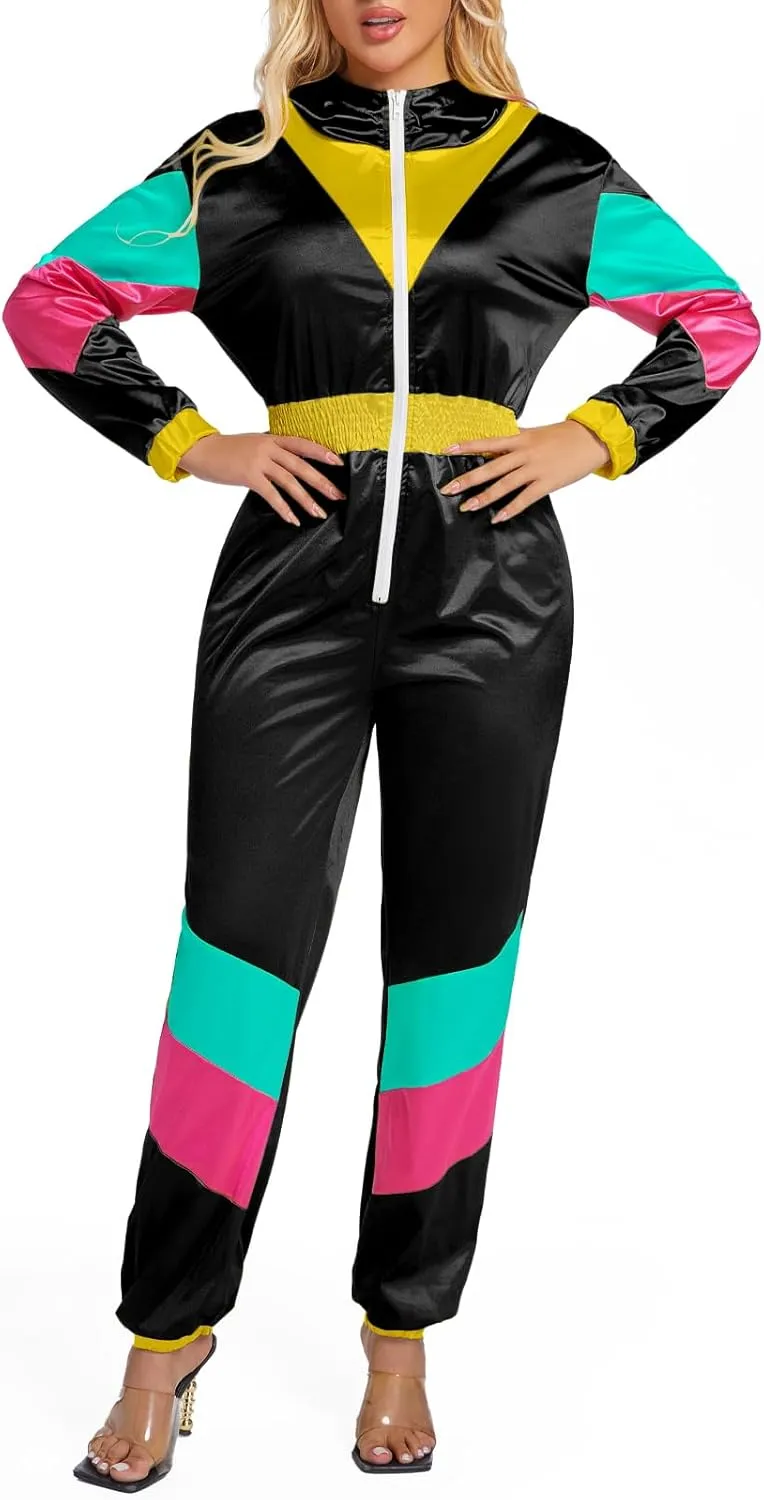 Yisfri Women's Color Block One Piece Retro Outfits 80s Elastic Waist Jumpsuit with Hood
