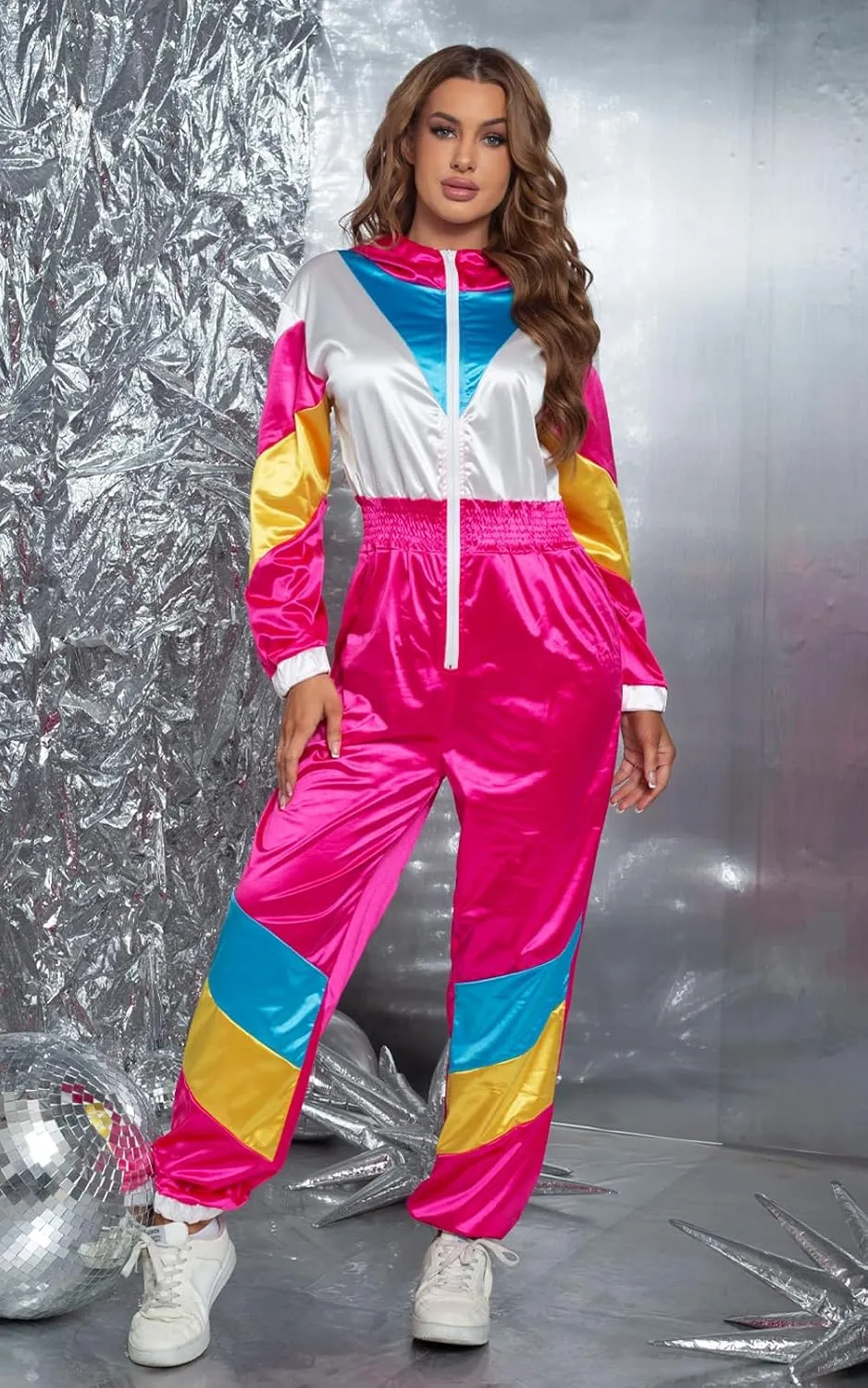 Yisfri Women's Color Block One Piece Retro Outfits 80s Elastic Waist Jumpsuit with Hood